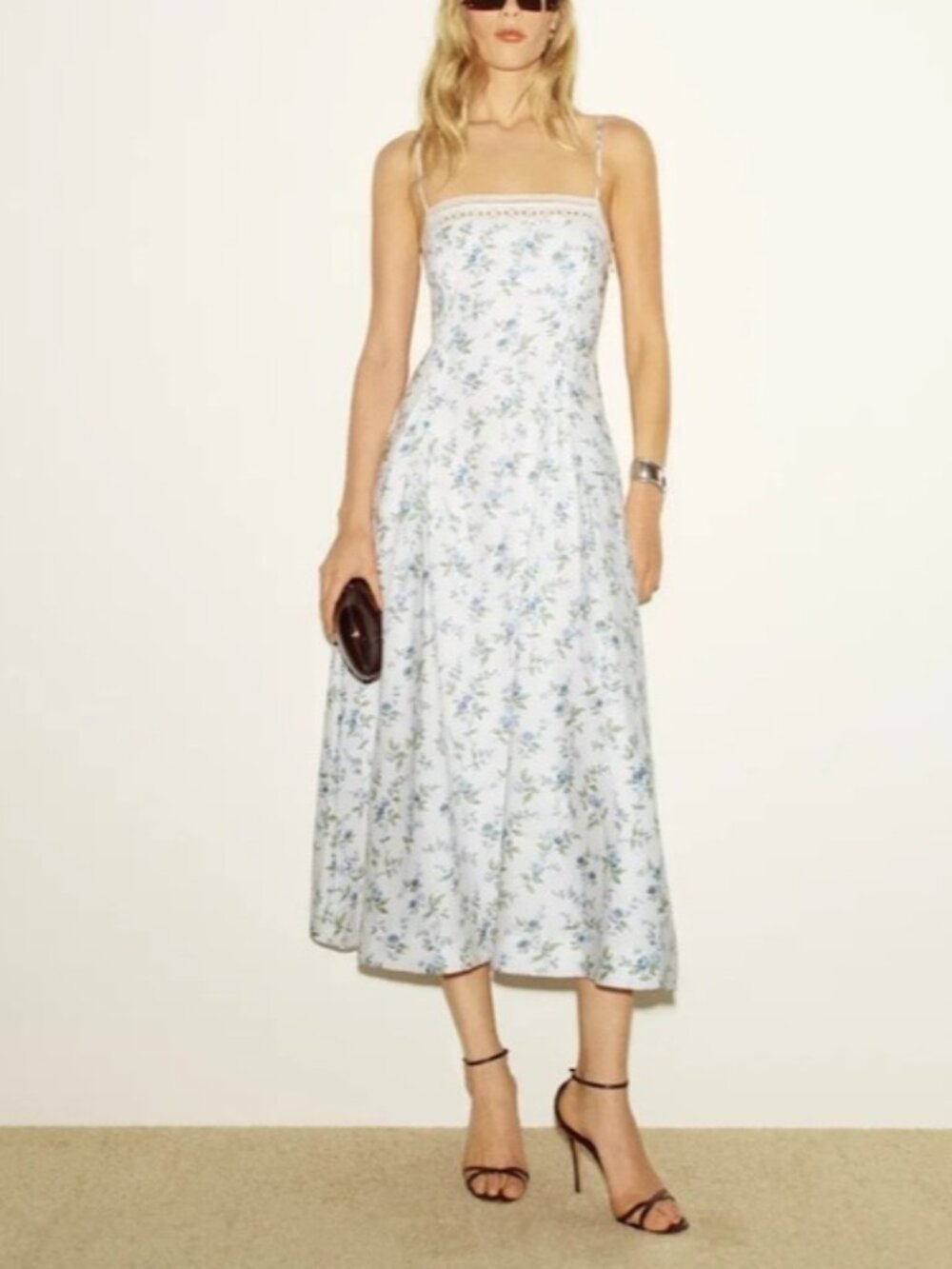 NEW Reformation Pomona Linen Lace Trim Midi Dress Nostalgia Floral | US 2 UK 6